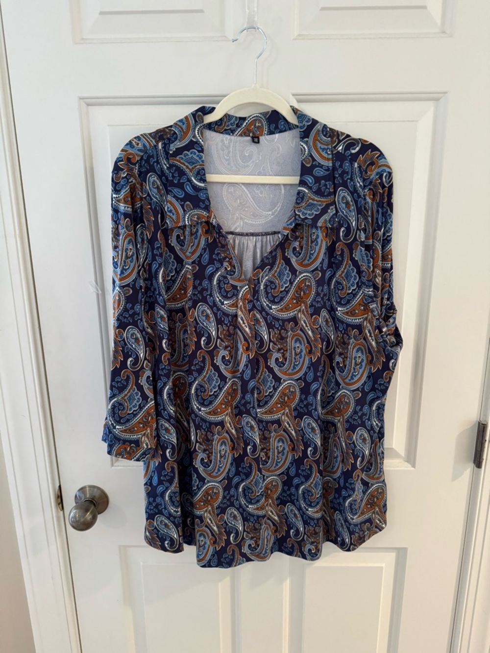 Paisley Button-Neck Blouse in Navy and Brown